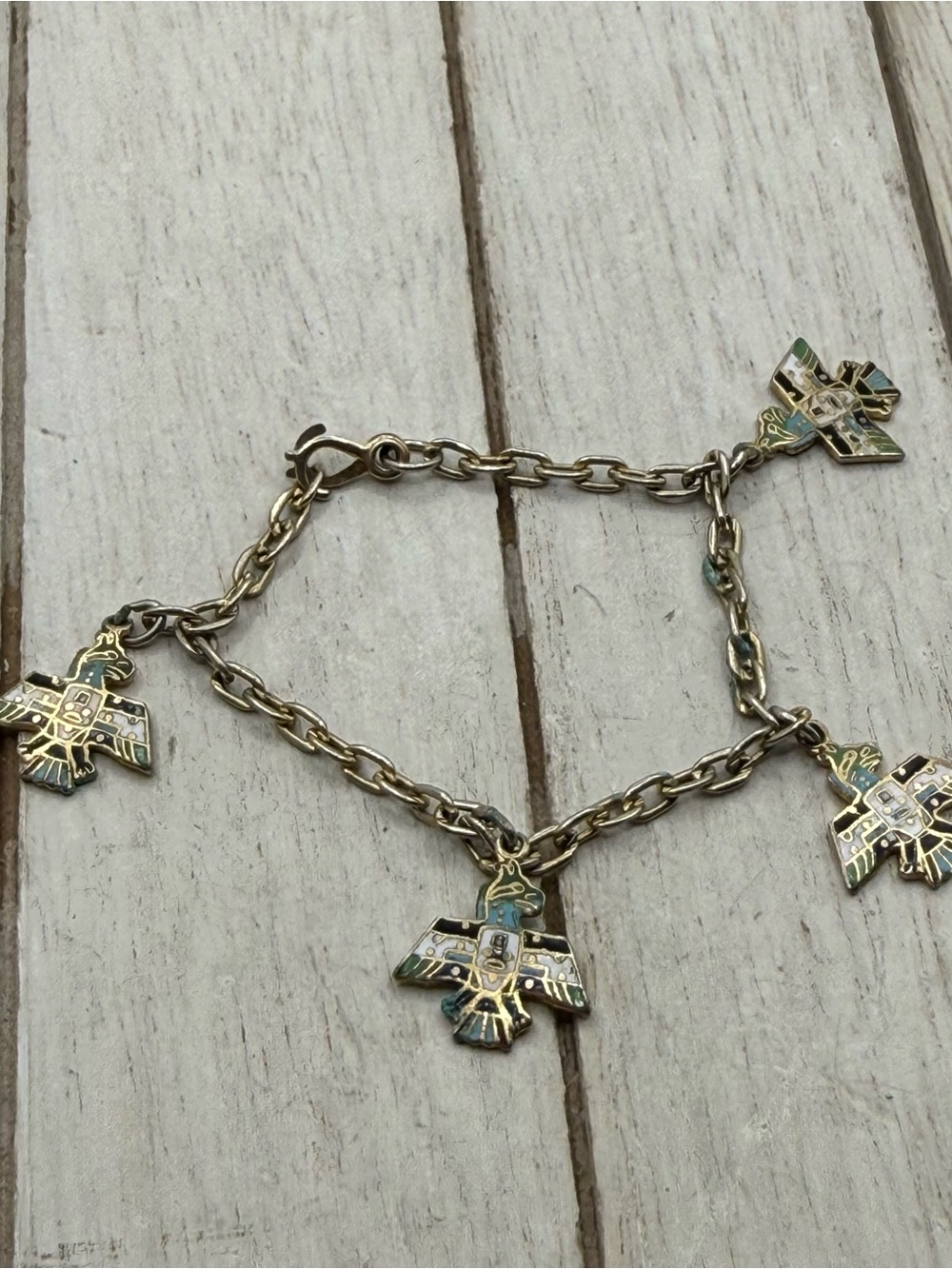Gold-Tone Thunderbird Charm Bracelet in Green and Blue Enamel